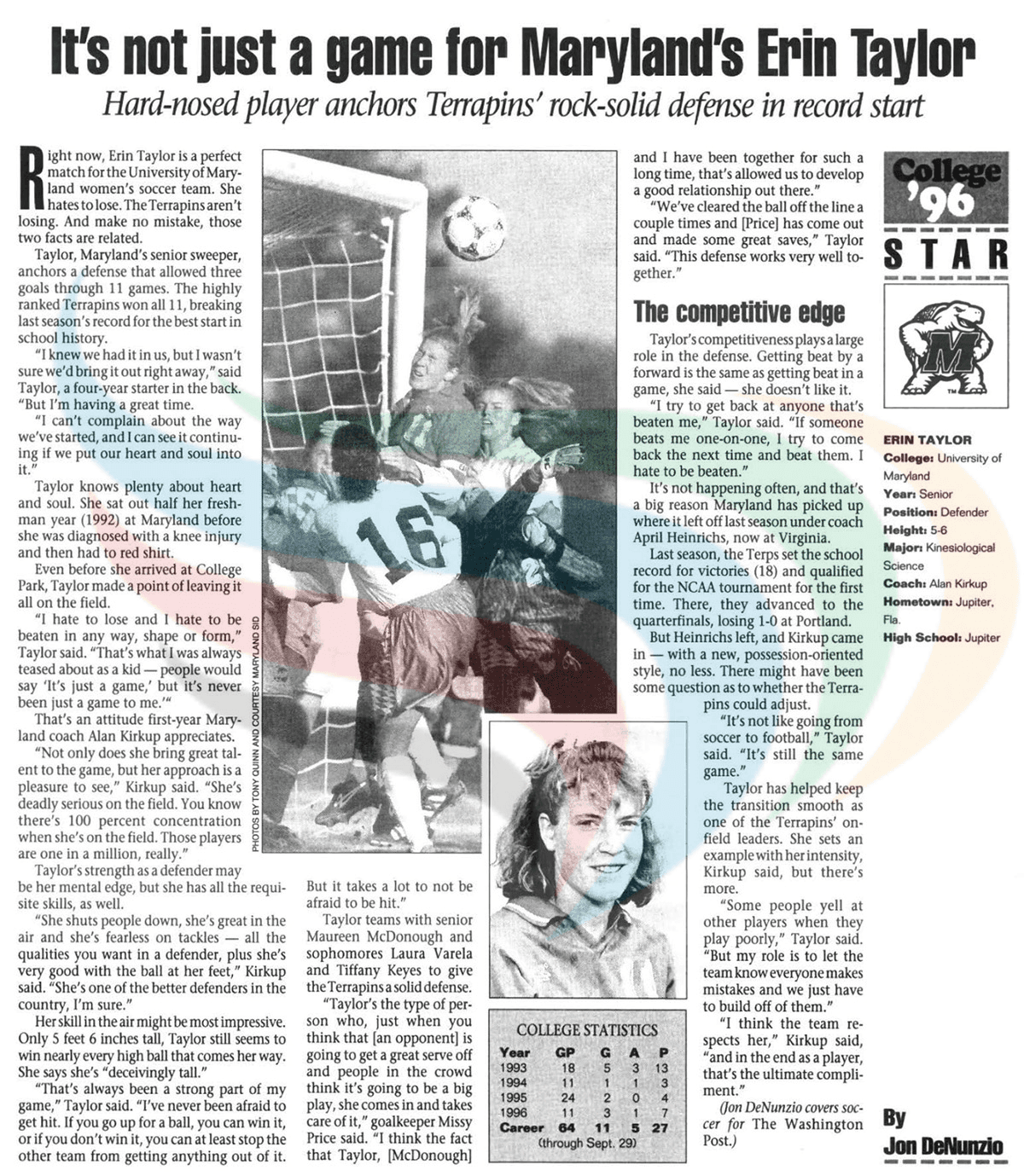 Newspaper article about Erin Taylor Blount's University of Maryland soccer career